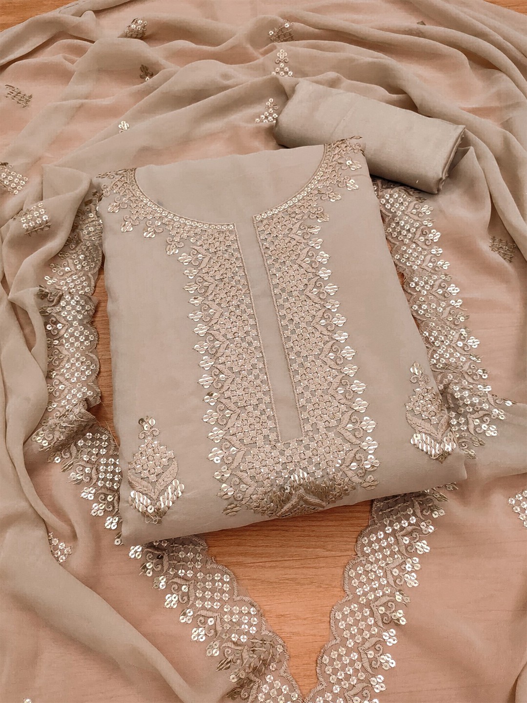 

Panzora Ethnic Motifs Embroidered Sequinned Dress Material, Beige