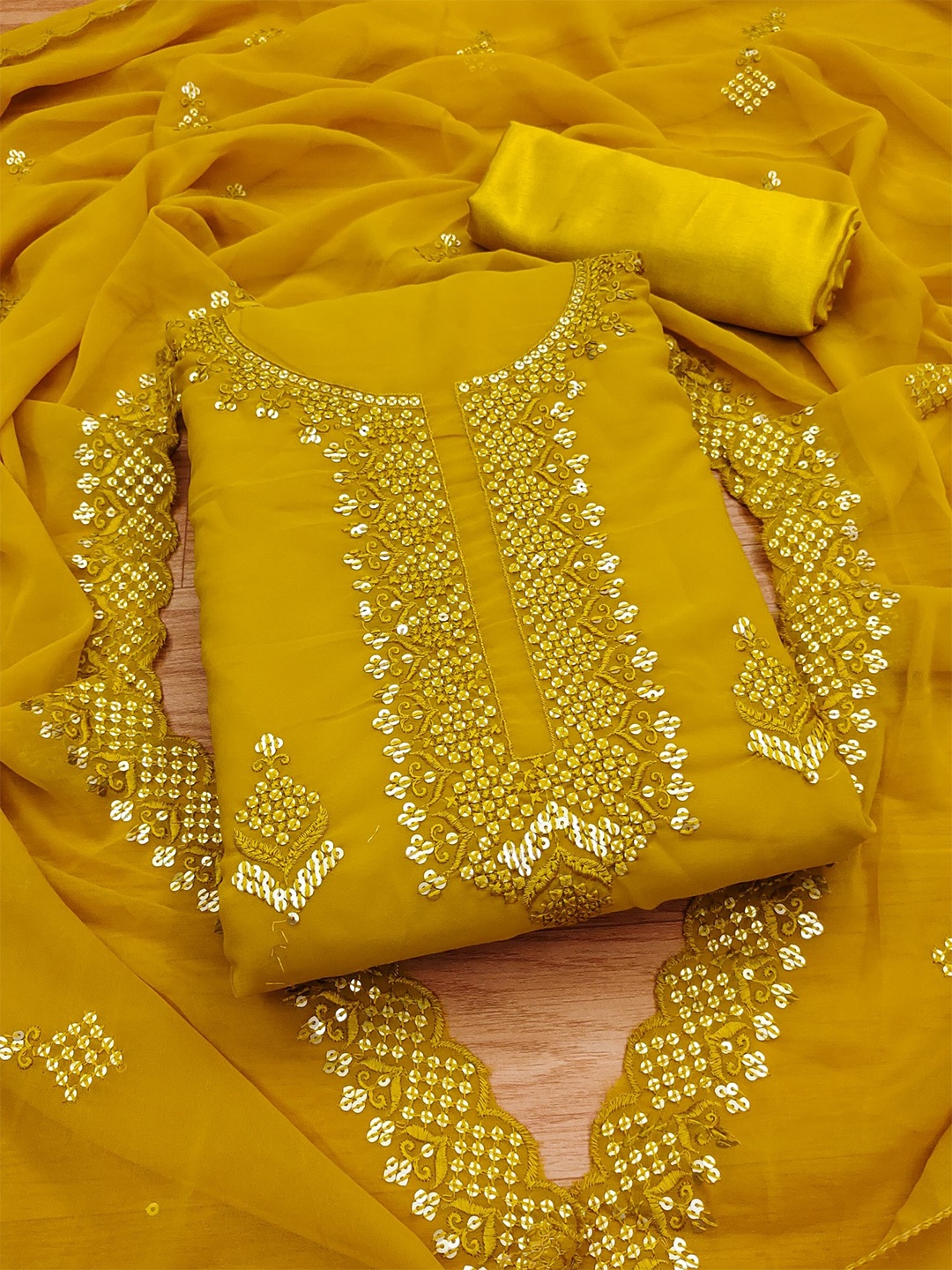 

Panzora Ethnic Motifs Embroidered Sequinned Dress Material, Yellow