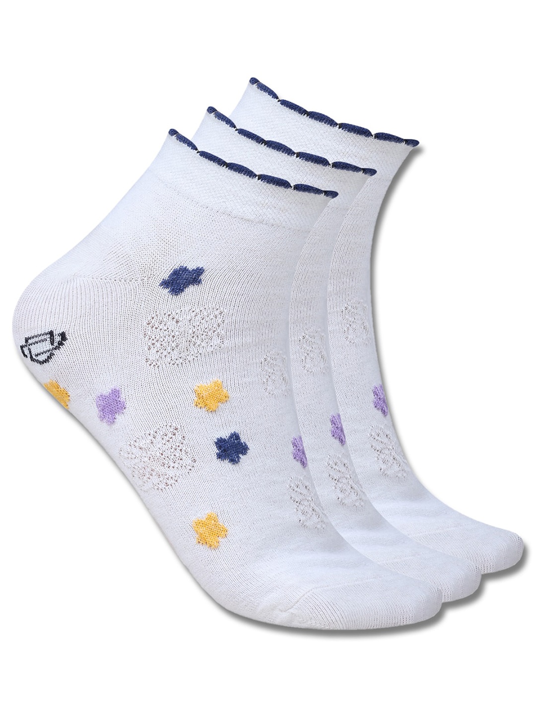 

Dollar Socks Women Pack Of 3 Floral-Patterned Cotton Ankle-Length Socks, White