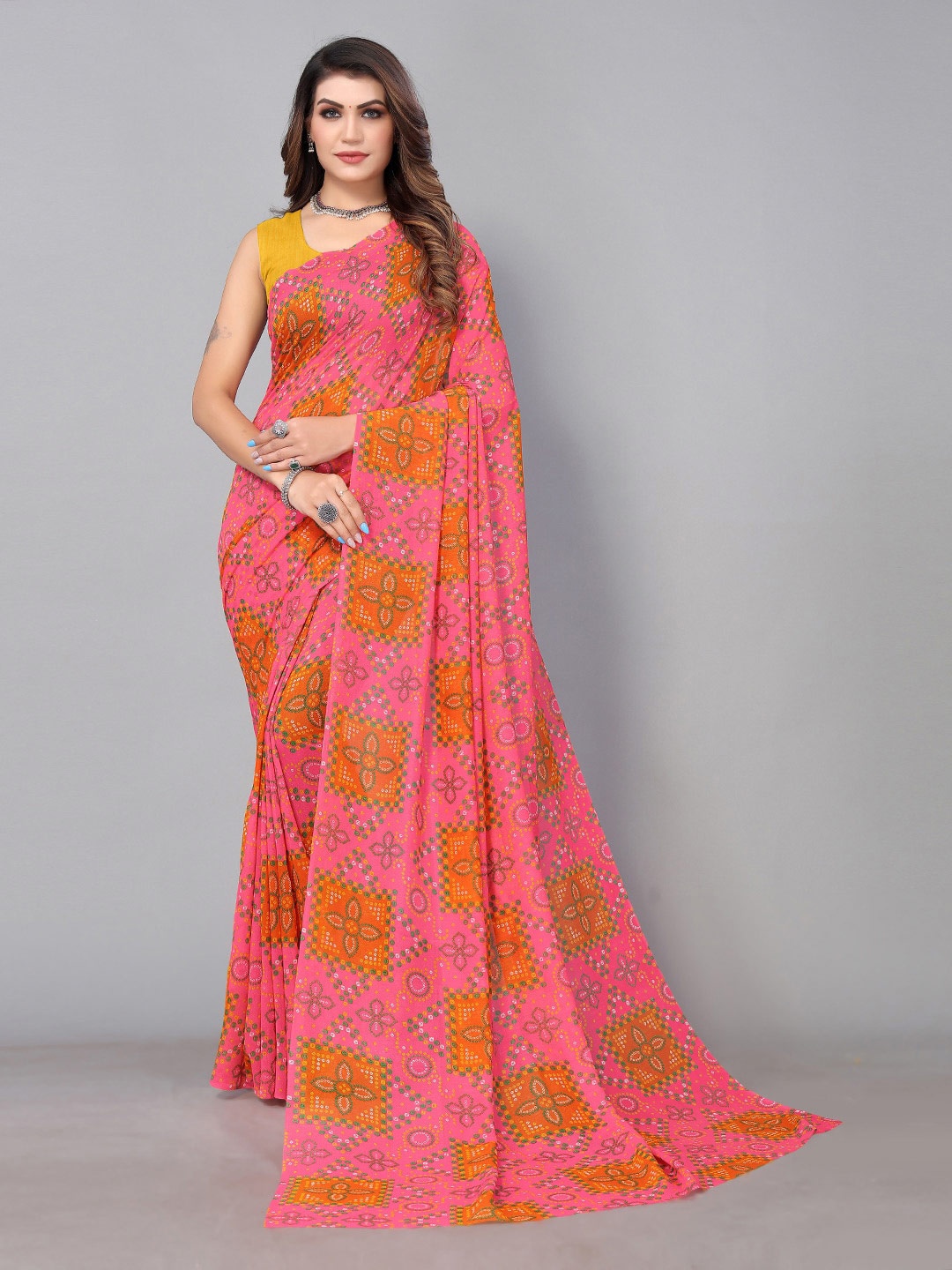 

KALINI Bandhani Printed Brasso Saree, Pink