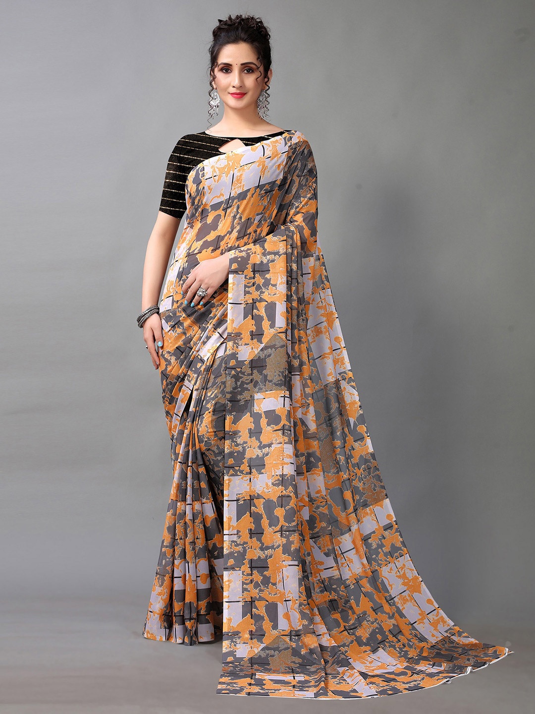 

KALINI Geometric Printed Saree, Grey