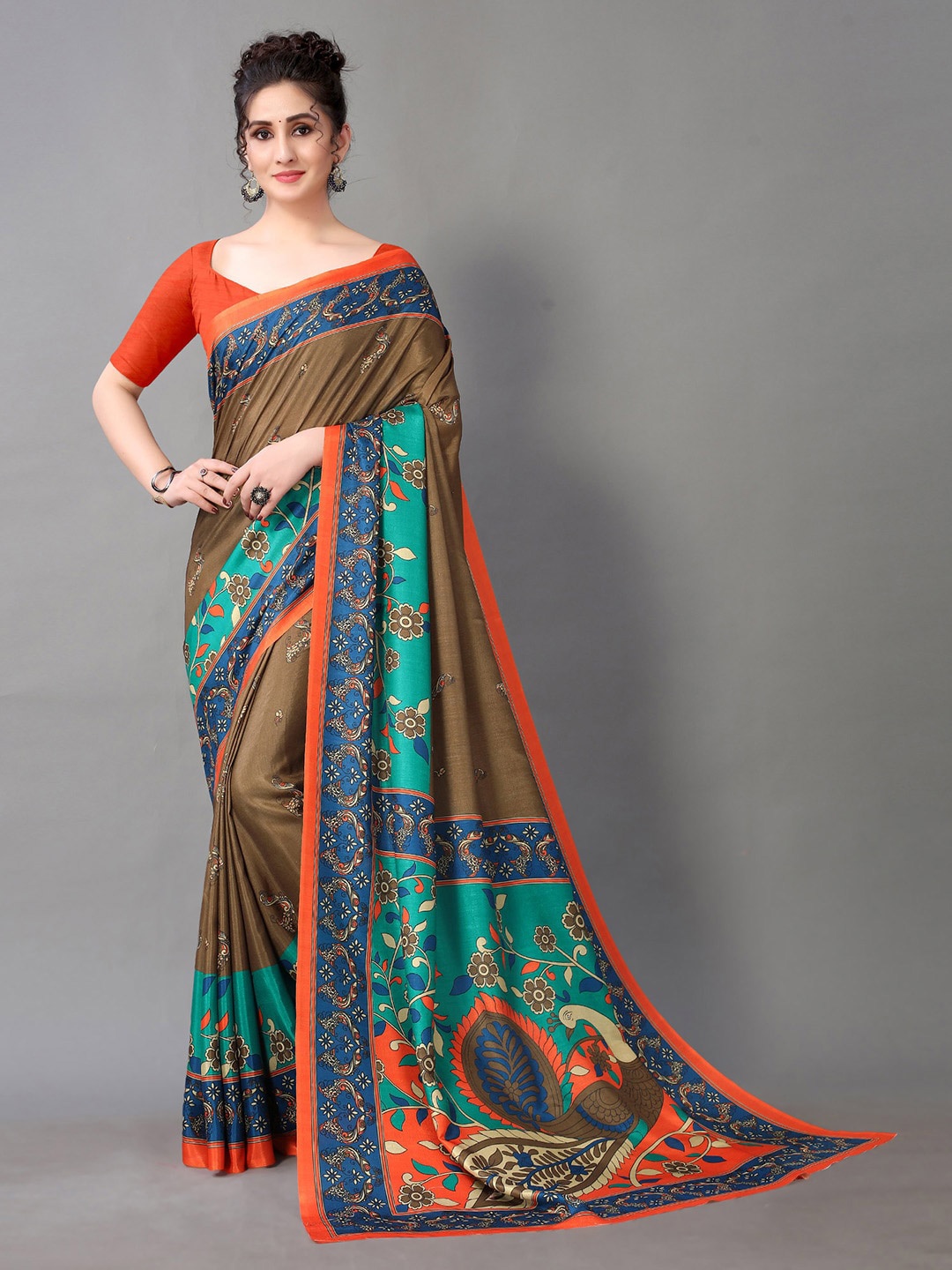 

KALINI Ethnic Motifs Printed Brasso Saree, Olive