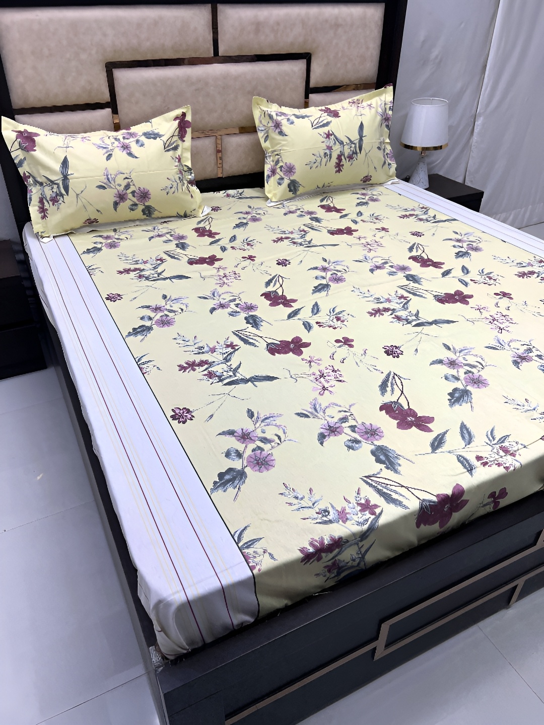 

Pure Decor Yellow Floral Printed 380 TC Pure Cotton King Bedsheet with 2 Pillow Covers