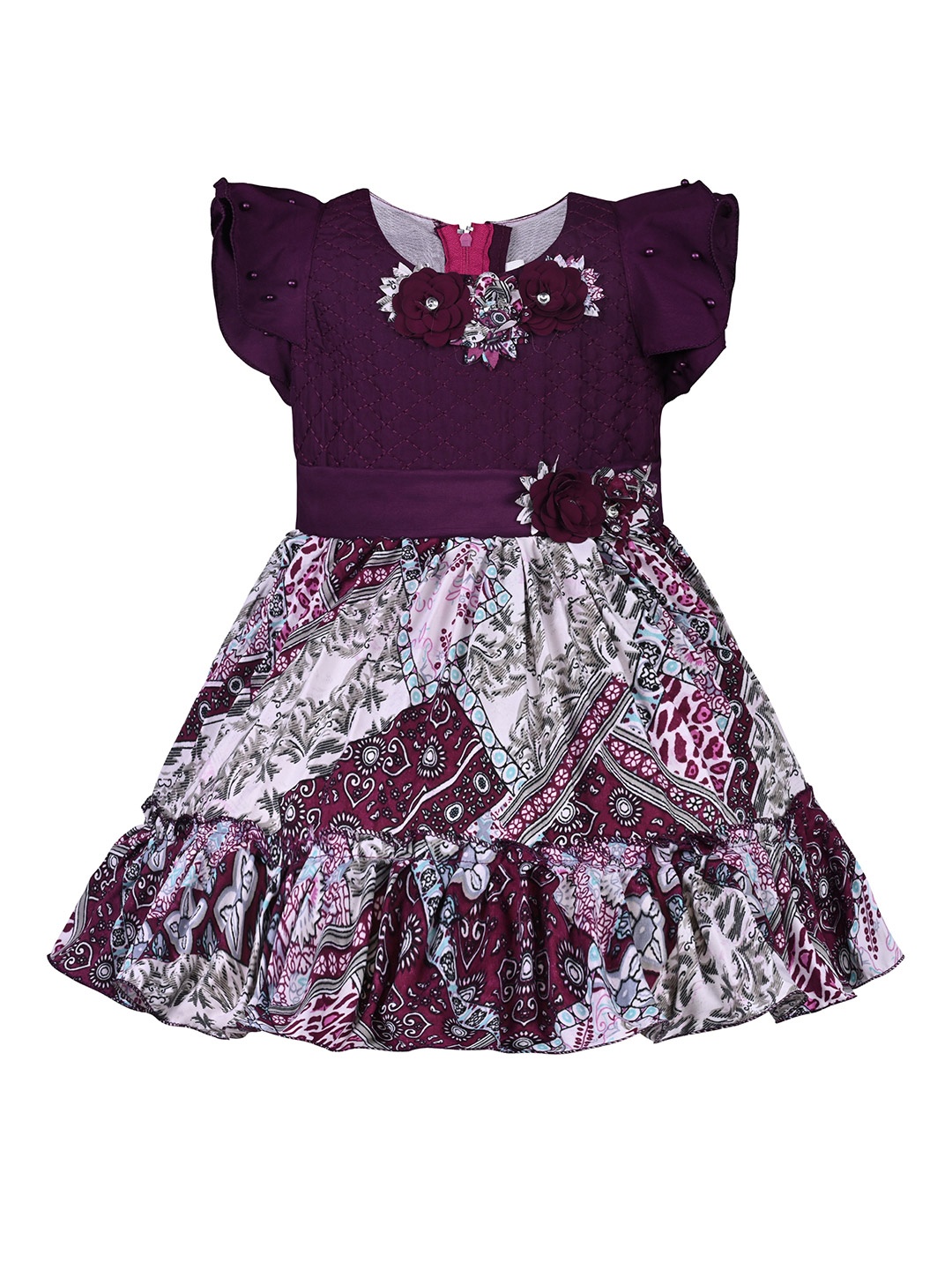 

Wish Karo Girls Floral Printed Tiered Satin Fit & Flare Dress, Purple