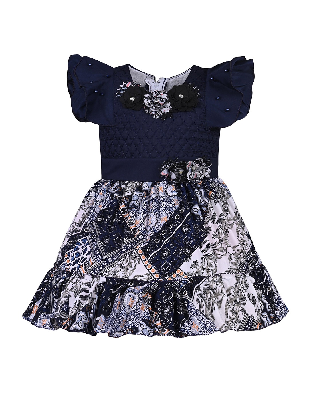 

Wish Karo Girls Floral Printed Tiered Satin Fit & Flare Dress, Blue