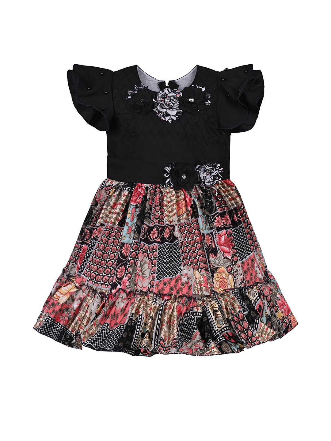 

Wish Karo Girls Embellished Floral Printed Flared Sleeves Satin Fit & Flare Dress, Peach