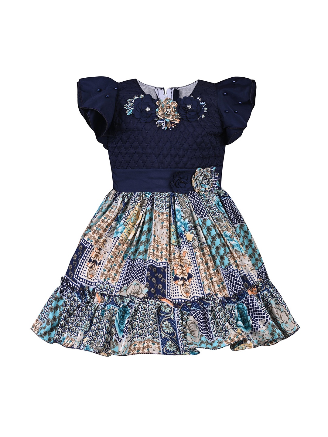 

Wish Karo Girls Floral Printed Tiered Satin Fit & Flare Dress, Navy blue