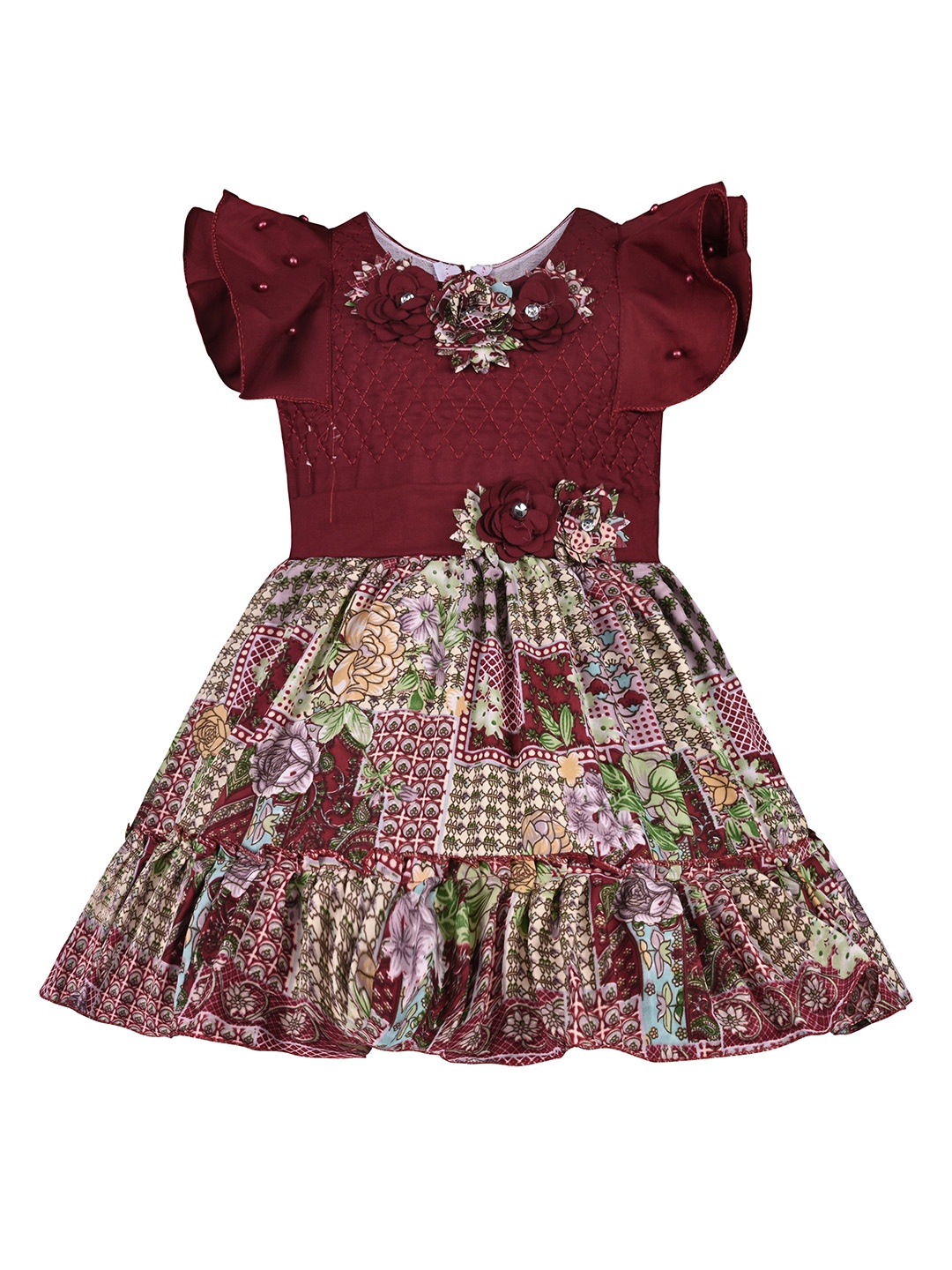 

Wish Karo Girls Floral Printed Tiered Satin Fit & Flare Dress, Maroon