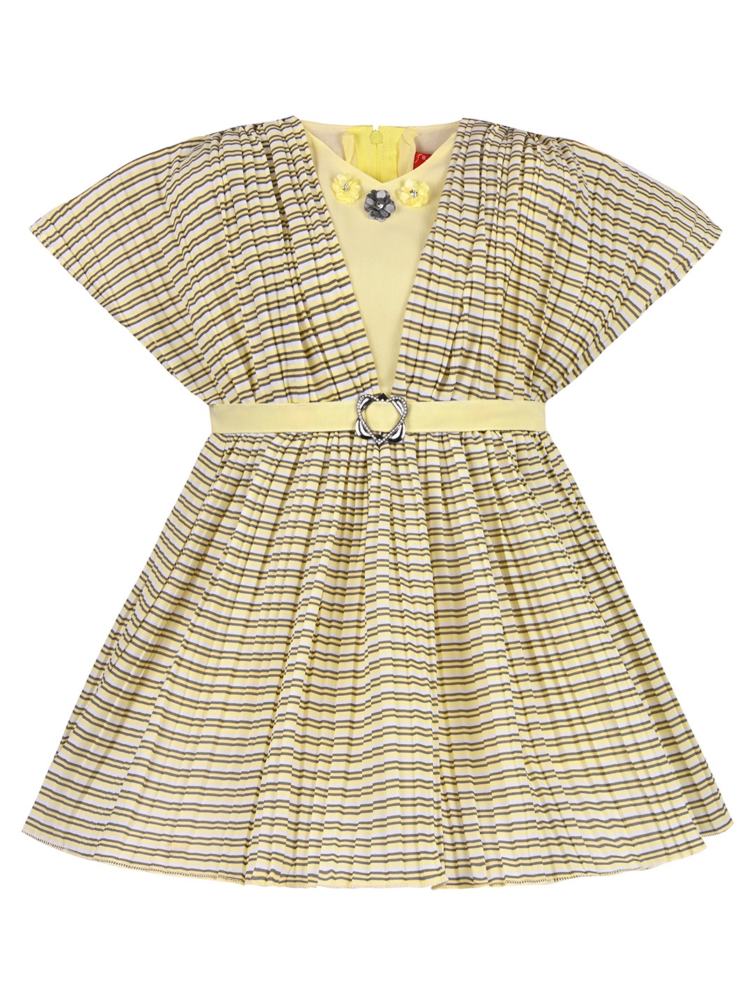 

Wish Karo Girls Striped Printed Belted Satin A-Line Dress, Yellow