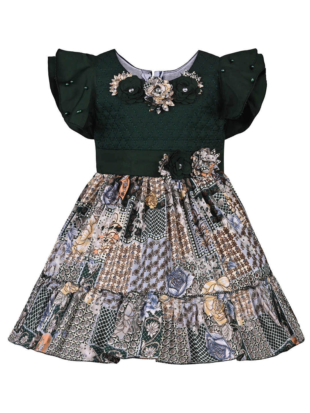 

Wish Karo Girls Embellished Floral Printed Flared Sleeves Satin Fit & Flare Dress, Green