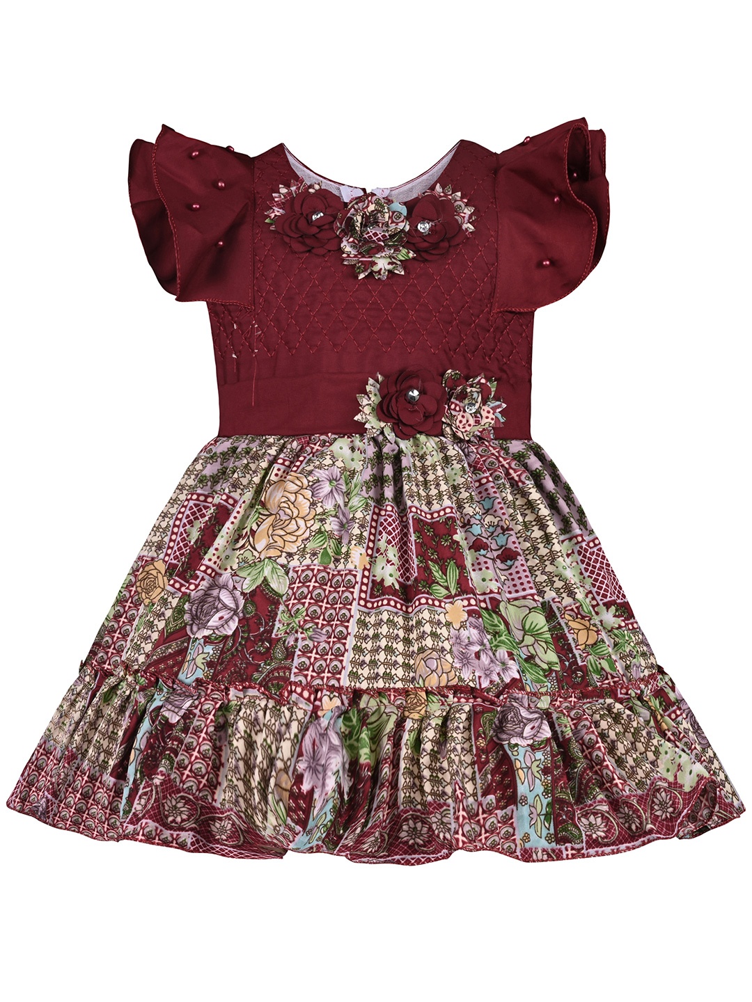 

Wish Karo Girls Floral Printed Tiered Satin Fit & Flare Dress, Maroon