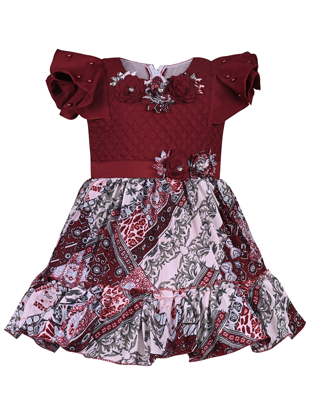 

Wish Karo Girls Embellished Floral Printed Flared Sleeve Satin Fit & Flare Dress, Red