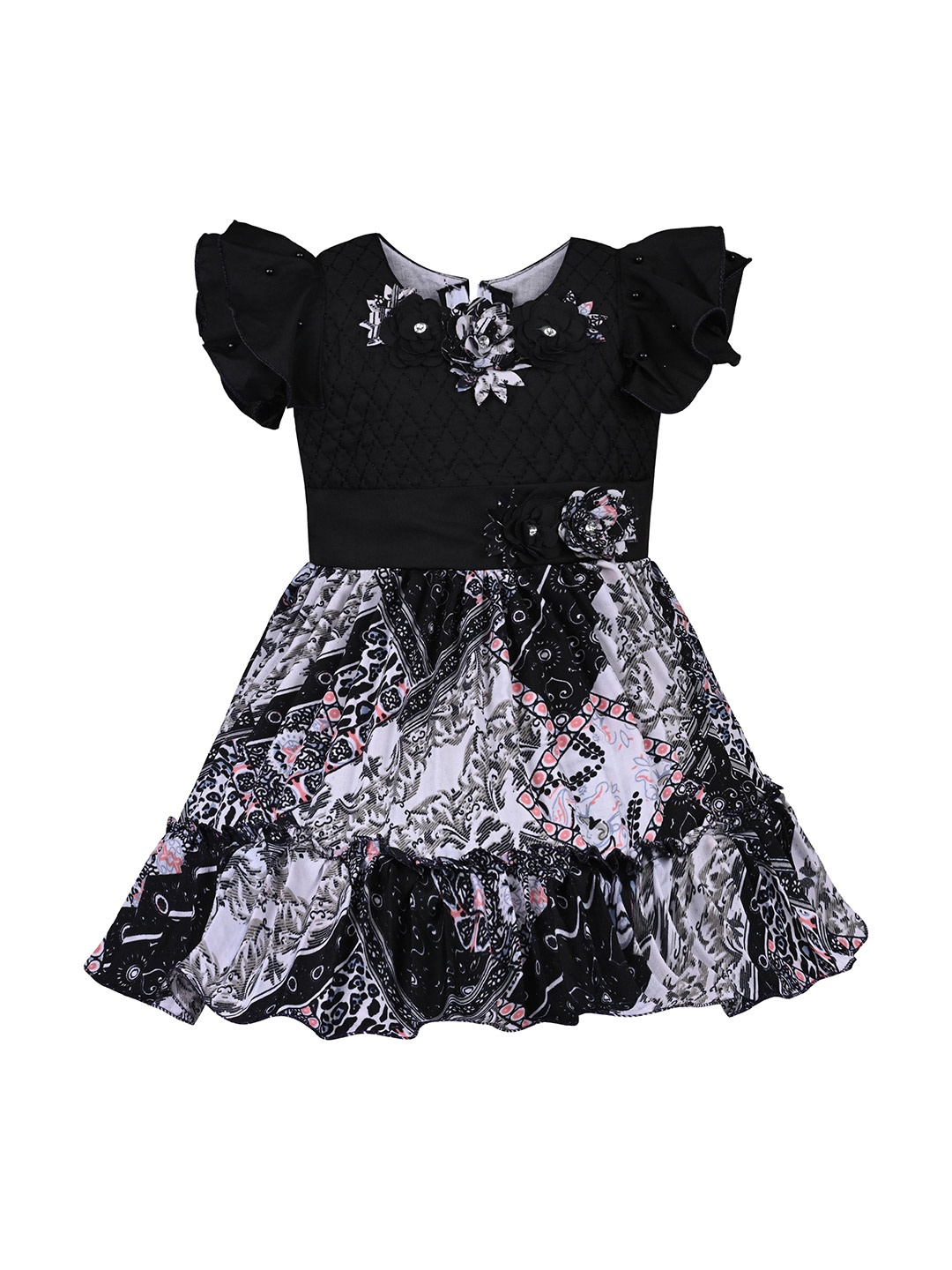 

Wish Karo Girls Floral Printed Flutter Sleeve Satin Fit & Flare Dress, Black