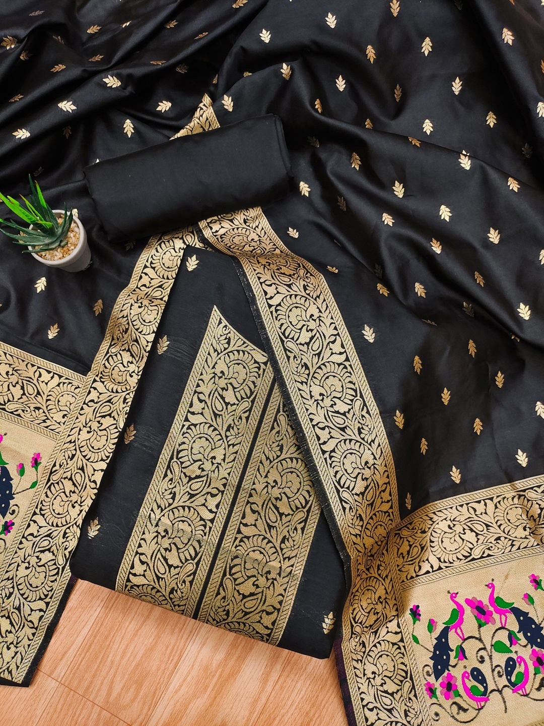 

Panzora Ethnic Motifs Woven Design Unstitched Dress Material, Black