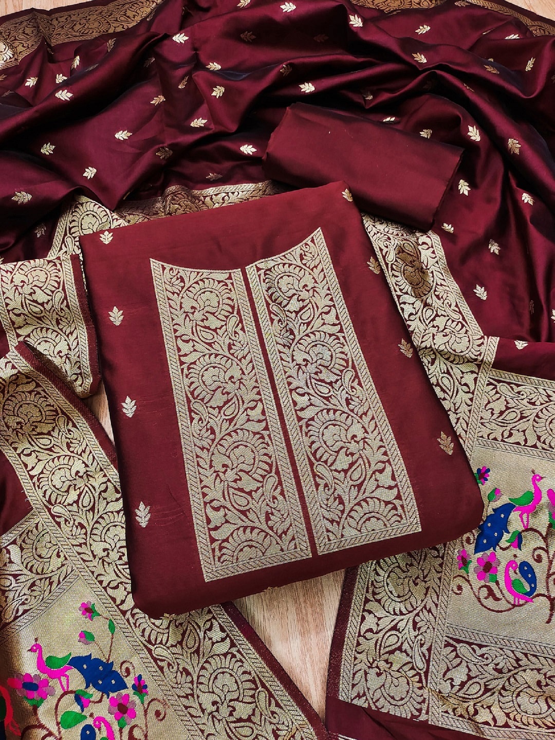 

Panzora Ethnic Motifs Woven Design Unstitched Dress Material, Maroon