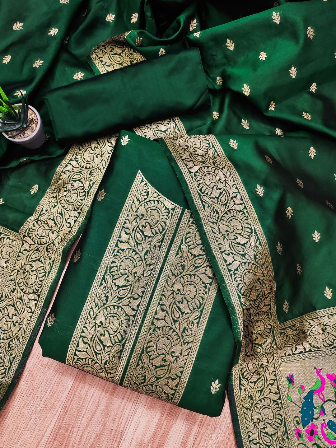

Panzora Ethnic Motifs Woven Design Unstitched Dress Material, Green