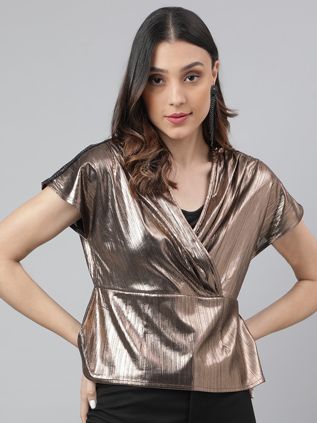 

Latin Quarters Embellished Extended Sleeves Wrap Top, Copper