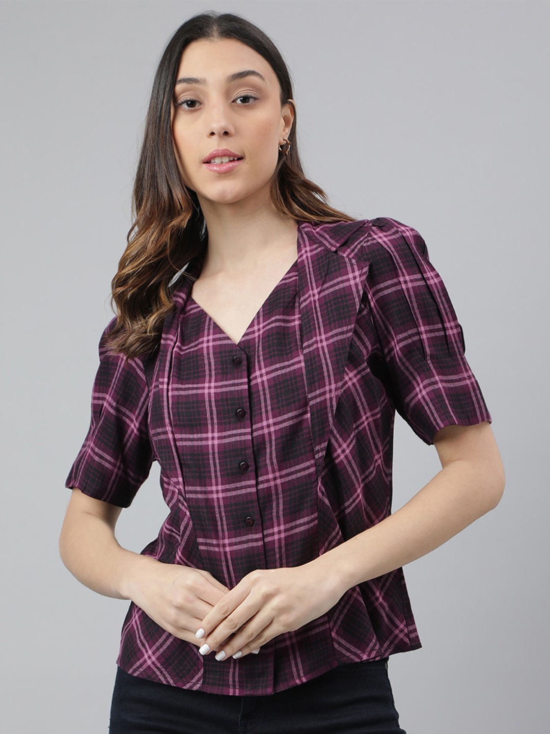 

Latin Quarters Shirt Collar Checked Puff Sleeve Top, Maroon