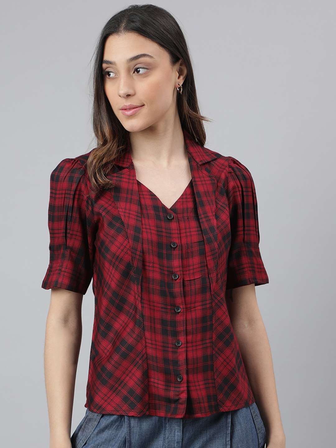 

Latin Quarters Shirt Collar Checked Puff Sleeves Top, Maroon