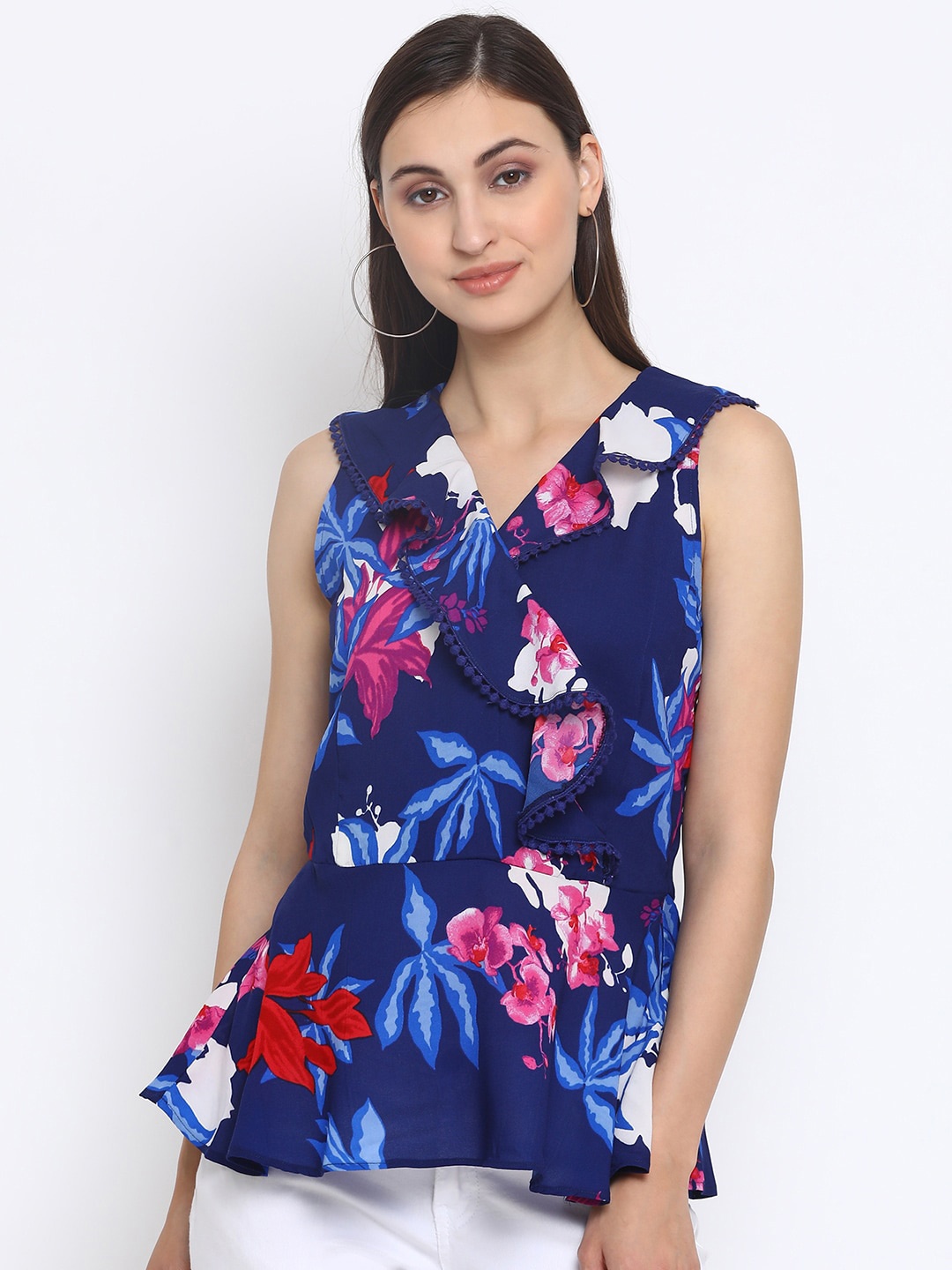 

SQew Floral Print Ruffles Georgette Top, Blue