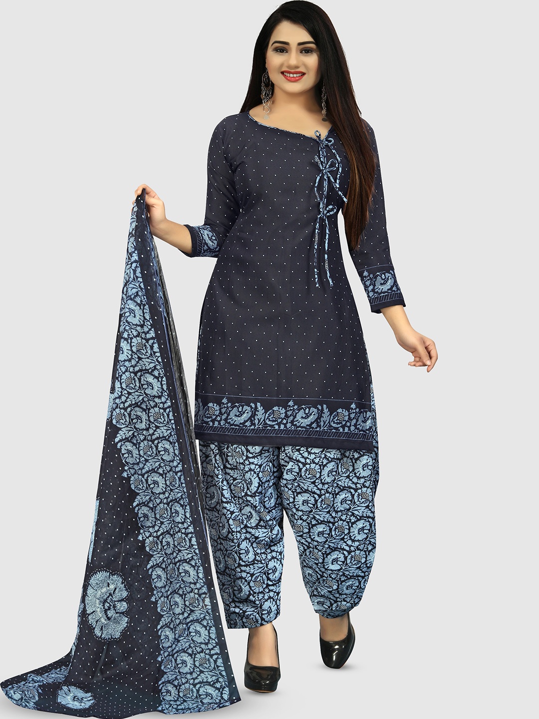 

KALINI Floral Printed Unstitched Dress Material, Navy blue
