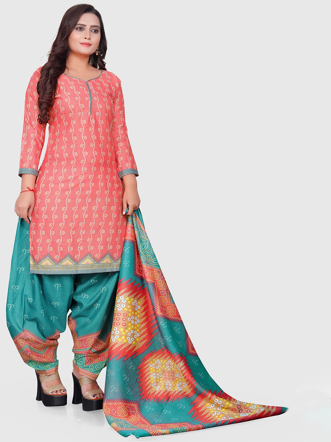 

KALINI Bandhani Printed Unstitched Dress Material, Peach