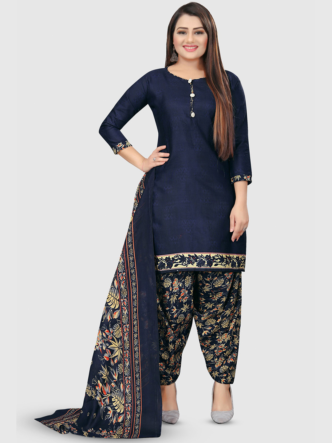 

KALINI Floral Printed Unstitched Dress Material, Navy blue