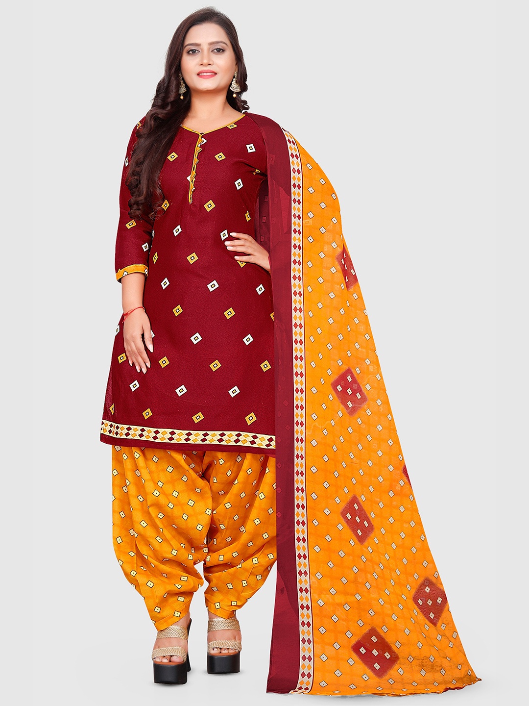 

KALINI Geometric Printed Unstitched Dress Material, Maroon