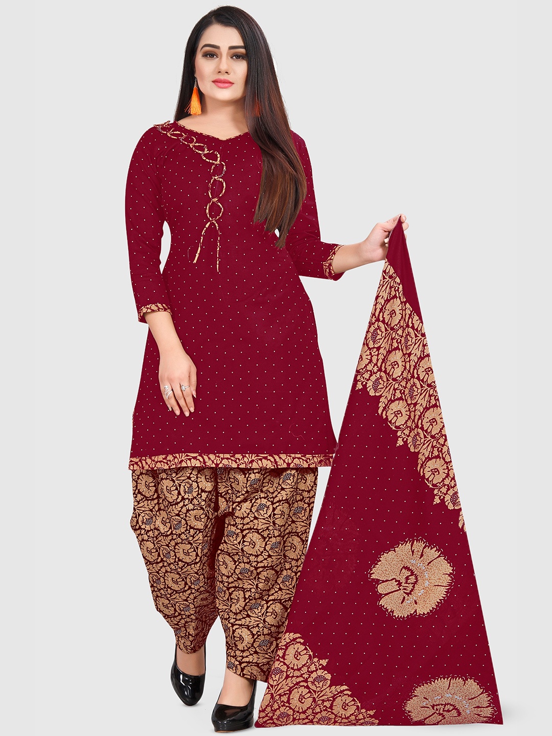 

KALINI Floral Printed Cotton Unstitched Dress Material, Maroon