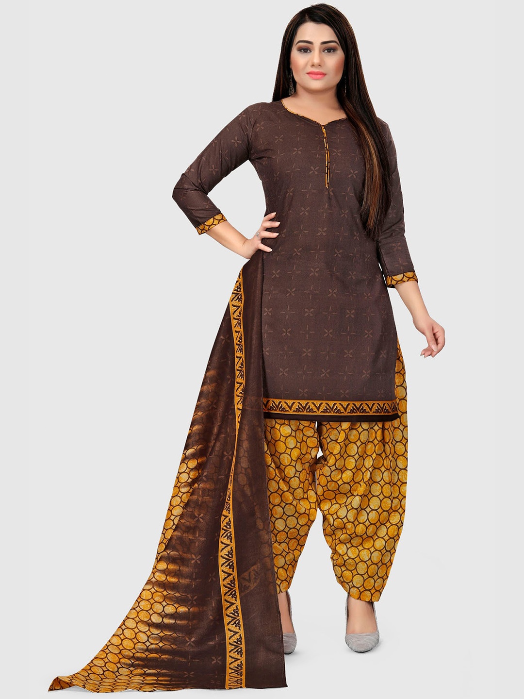 

KALINI Printed Unstitched Dress Material, Brown