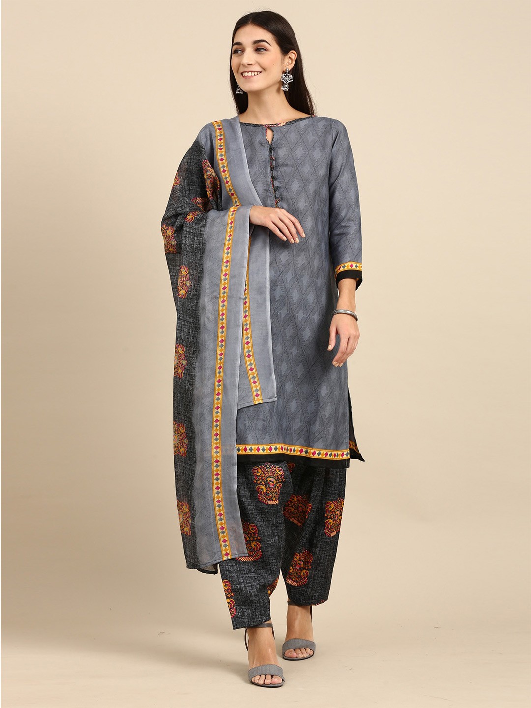 

KALINI Floral Printed Unstitched Dress Material, Grey