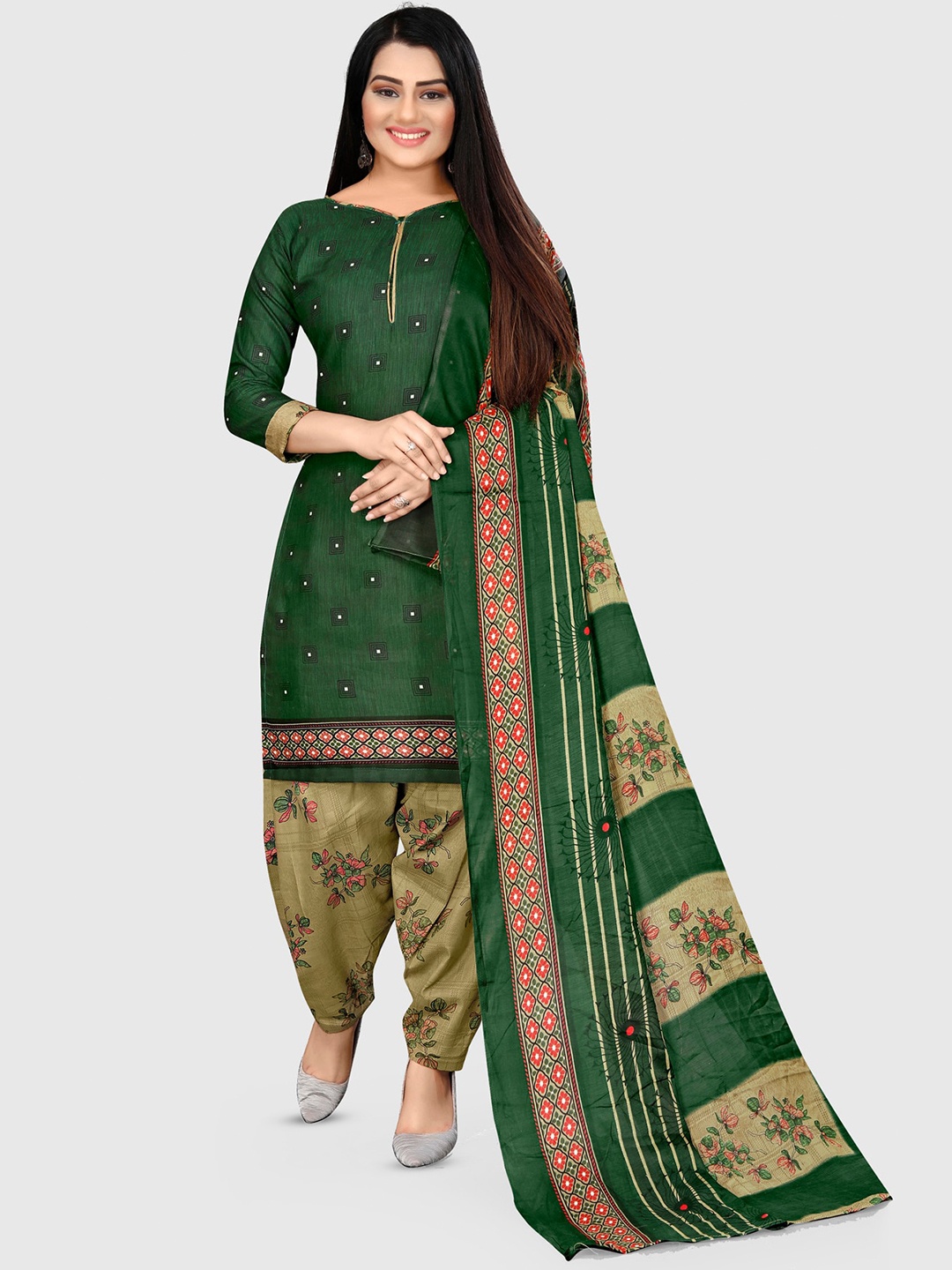 

KALINI Geometric Printed Unstitched Dress Material, Green