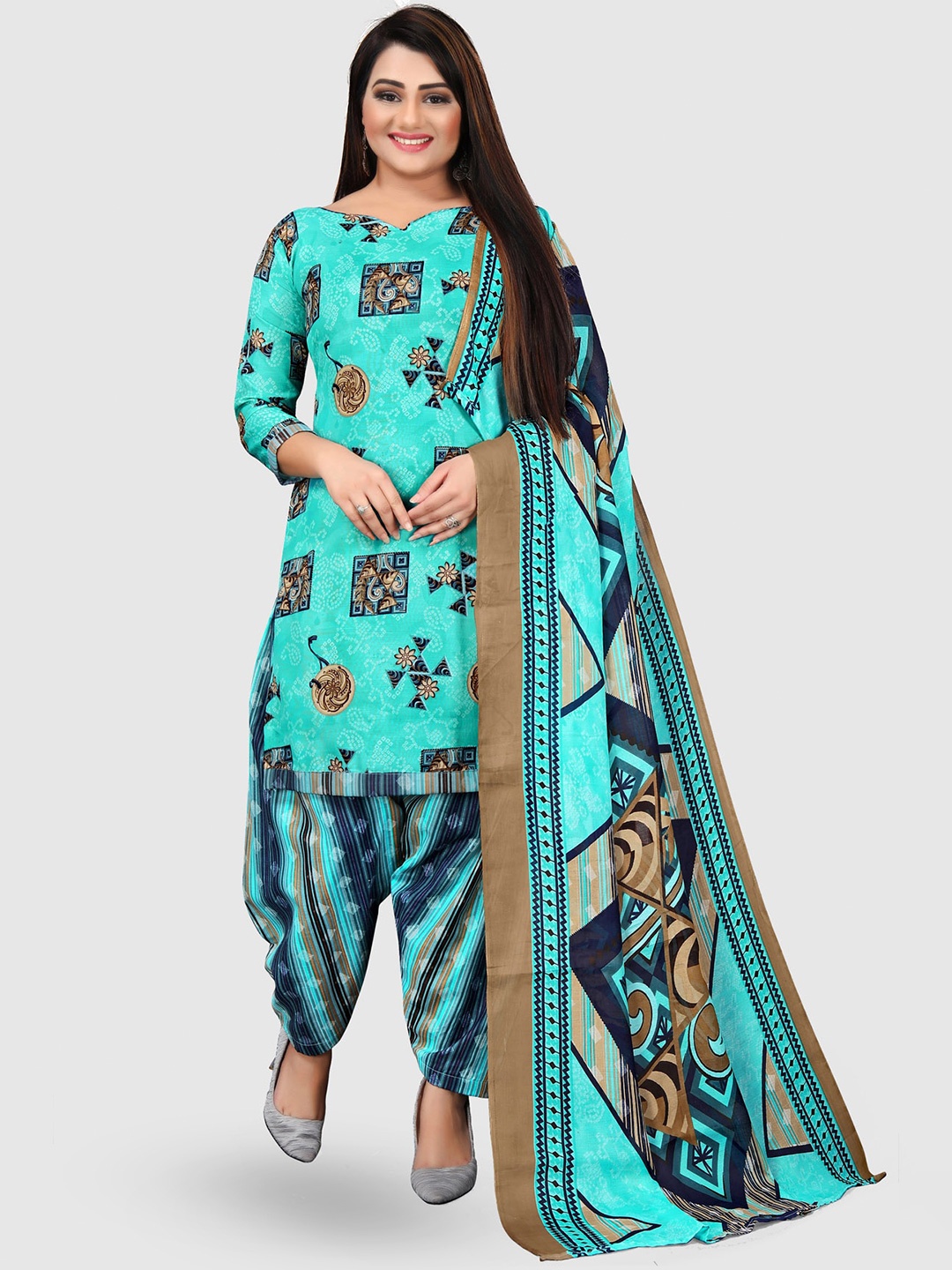 

KALINI Ethnic Motifs Printed Unstitched Dress Material, Turquoise blue