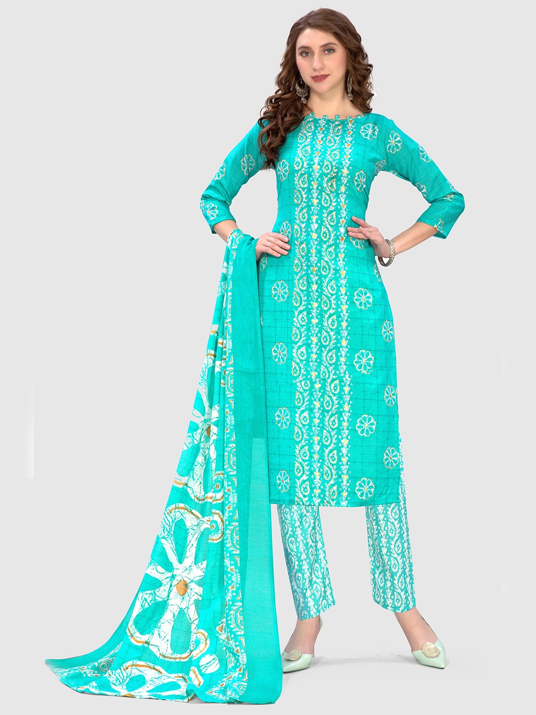 

KALINI Printed Unstitched Dress Material, Sea green