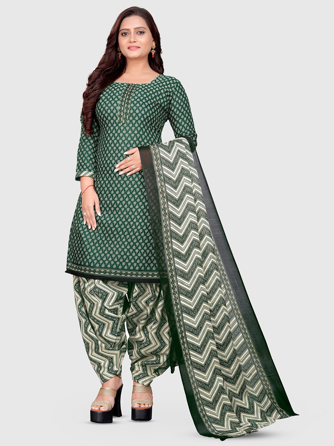 

KALINI Ethnic Motifs Printed Unstitched Dress Material, Green