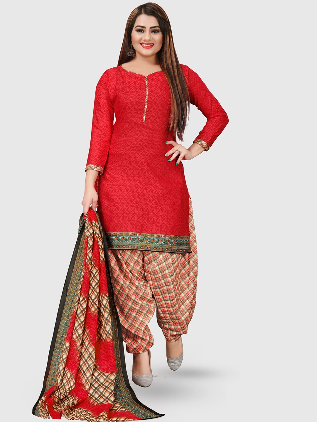 

KALINI Ethnic Motifs Printed Unstitched Dress Material, Red