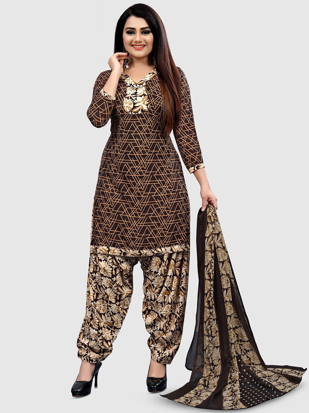 

KALINI Floral Printed Unstitched Dress Material, Brown