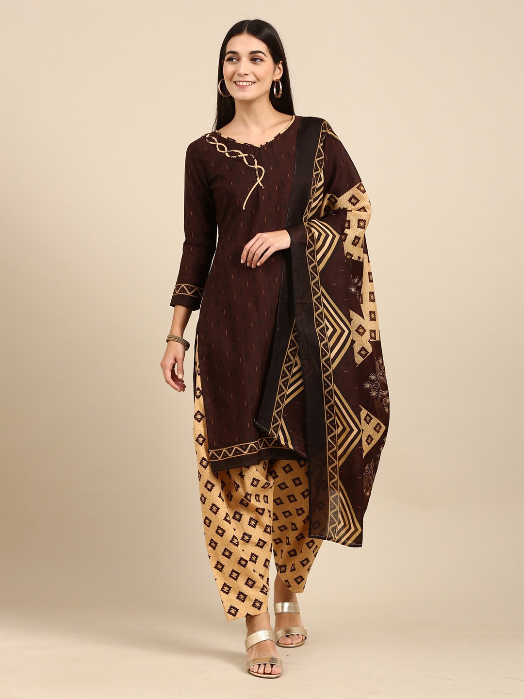 

KALINI Geometric Printed Unstitched Dress Material, Brown