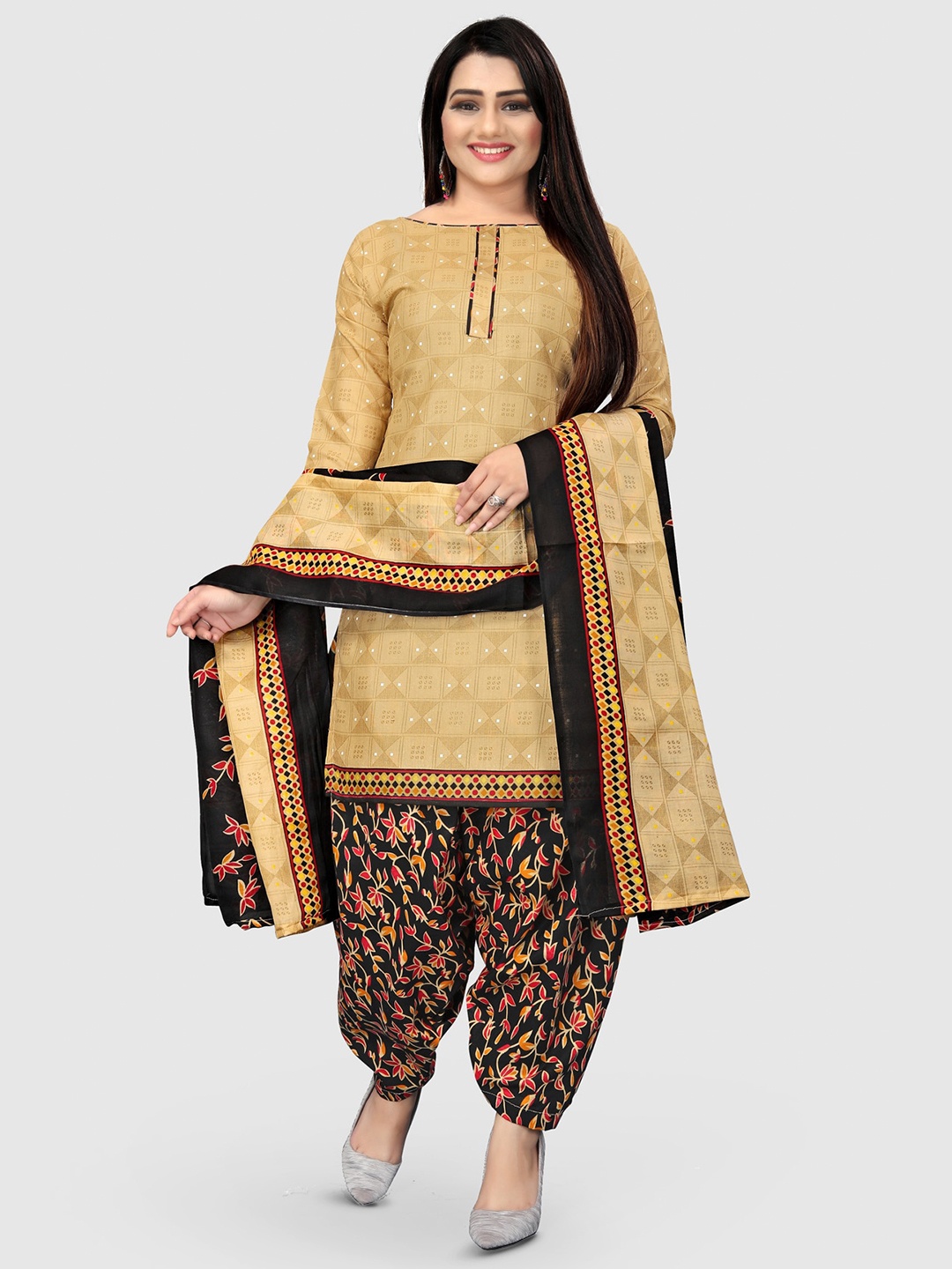 

KALINI Floral Printed Unstitched Dress Material, Beige
