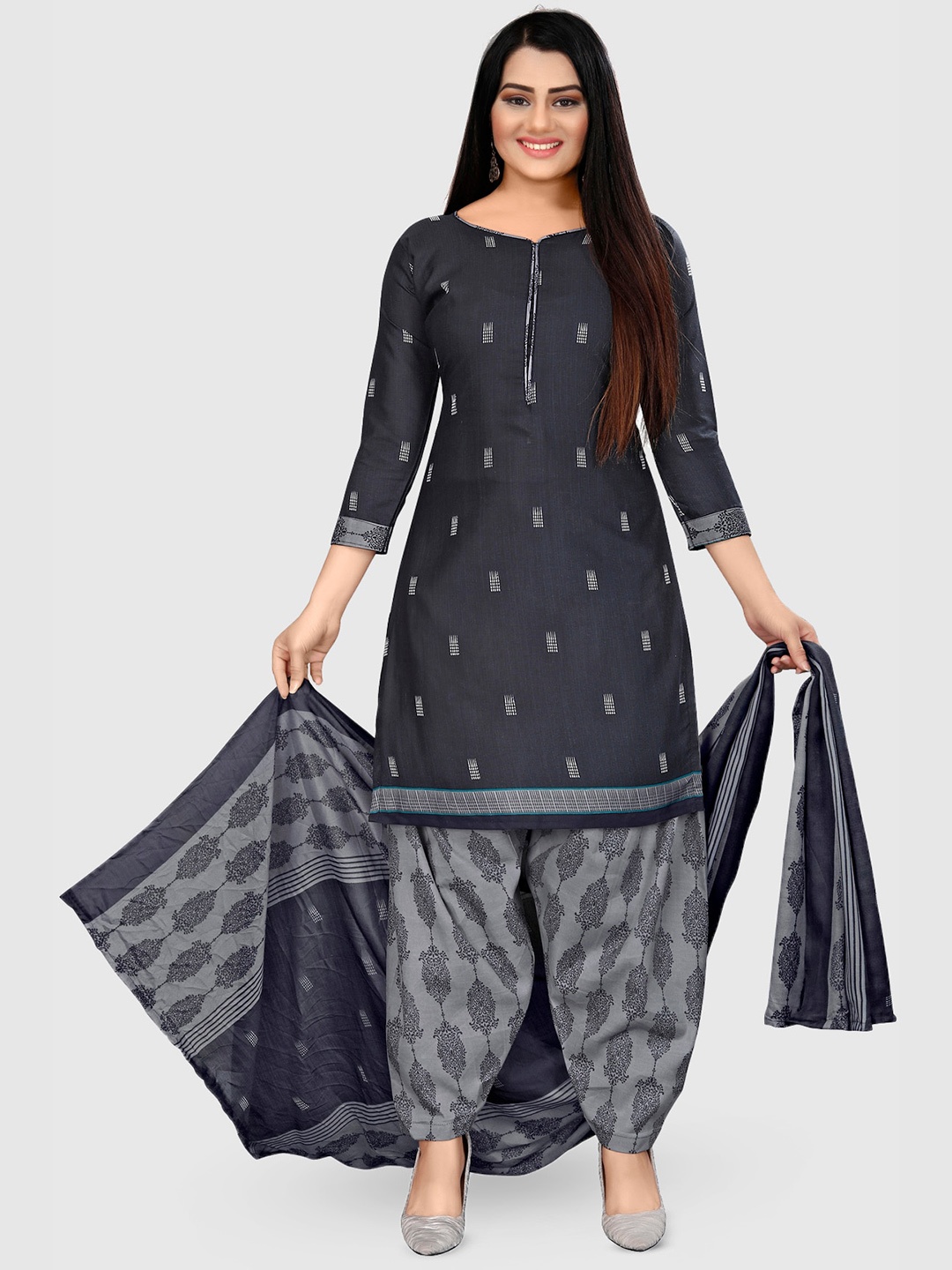 

KALINI Printed Unstitched Dress Material, Navy blue