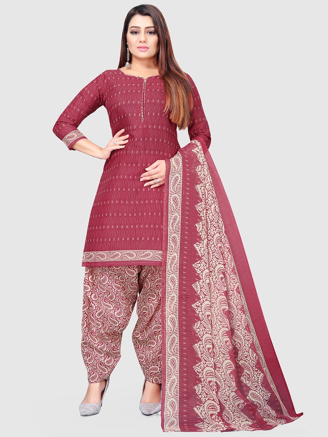 

KALINI Floral Printed Unstitched Dress Material, Maroon