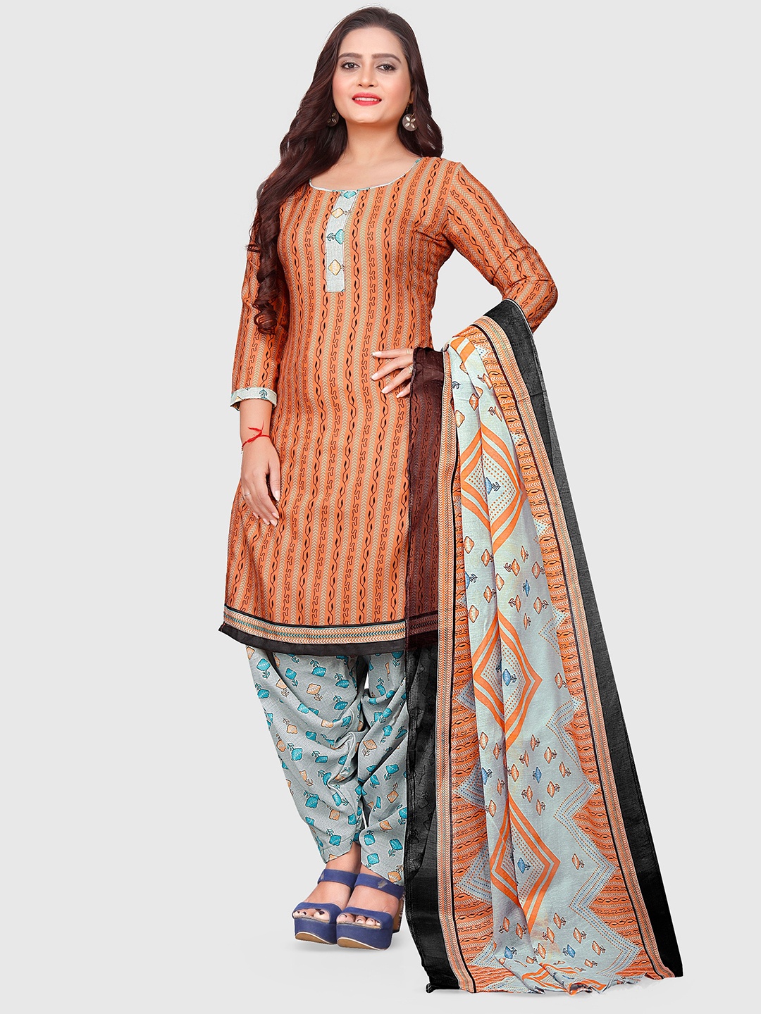

KALINI Floral Printed Unstitched Dress Material, Orange
