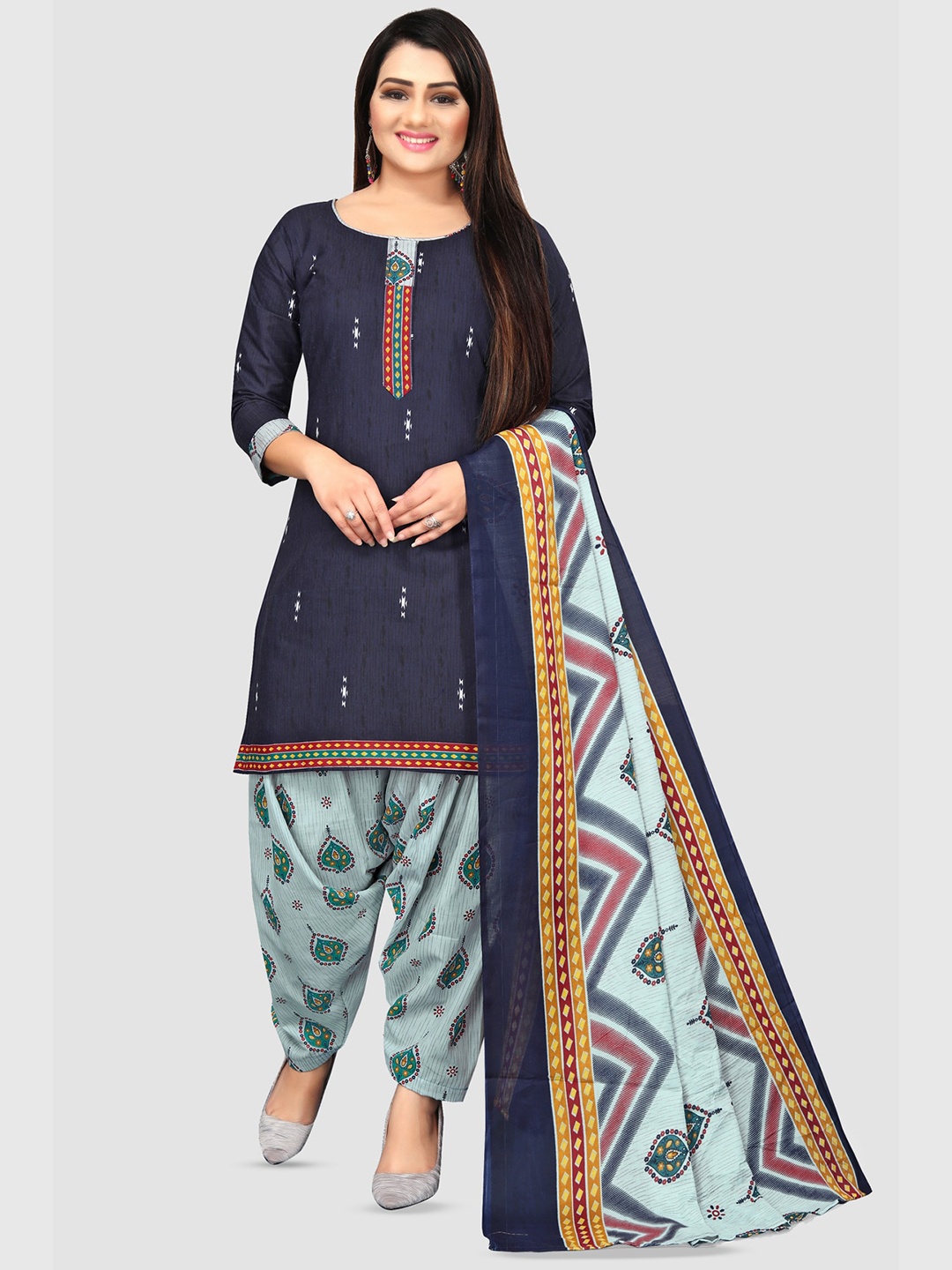 

KALINI Ethnic Motifs Printed Unstitched Dress Material, Navy blue
