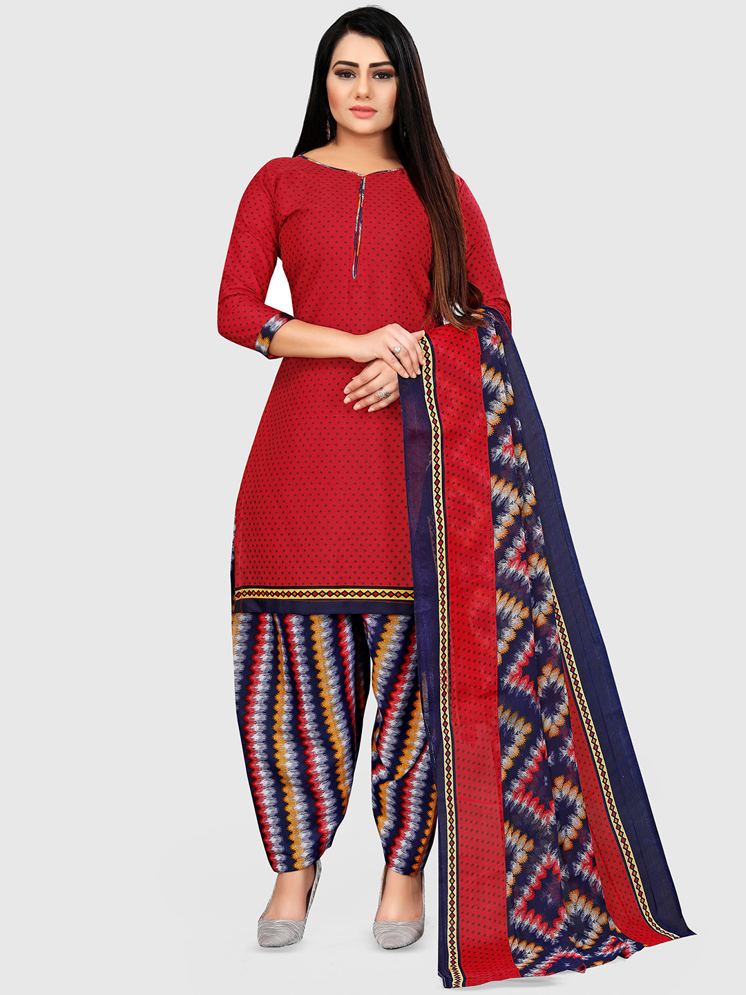 

KALINI Printed Unstitched Dress Material, Red