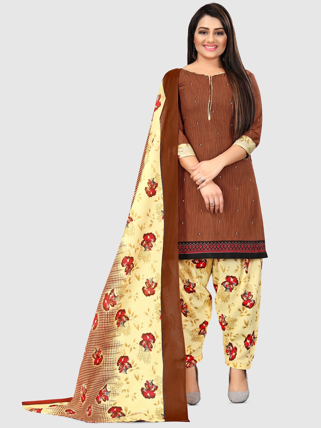 

KALINI Floral Printed Unstitched Dress Material, Brown