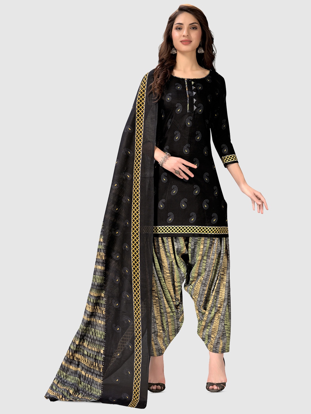 

KALINI Paisley Printed Unstitched Dress Material, Black