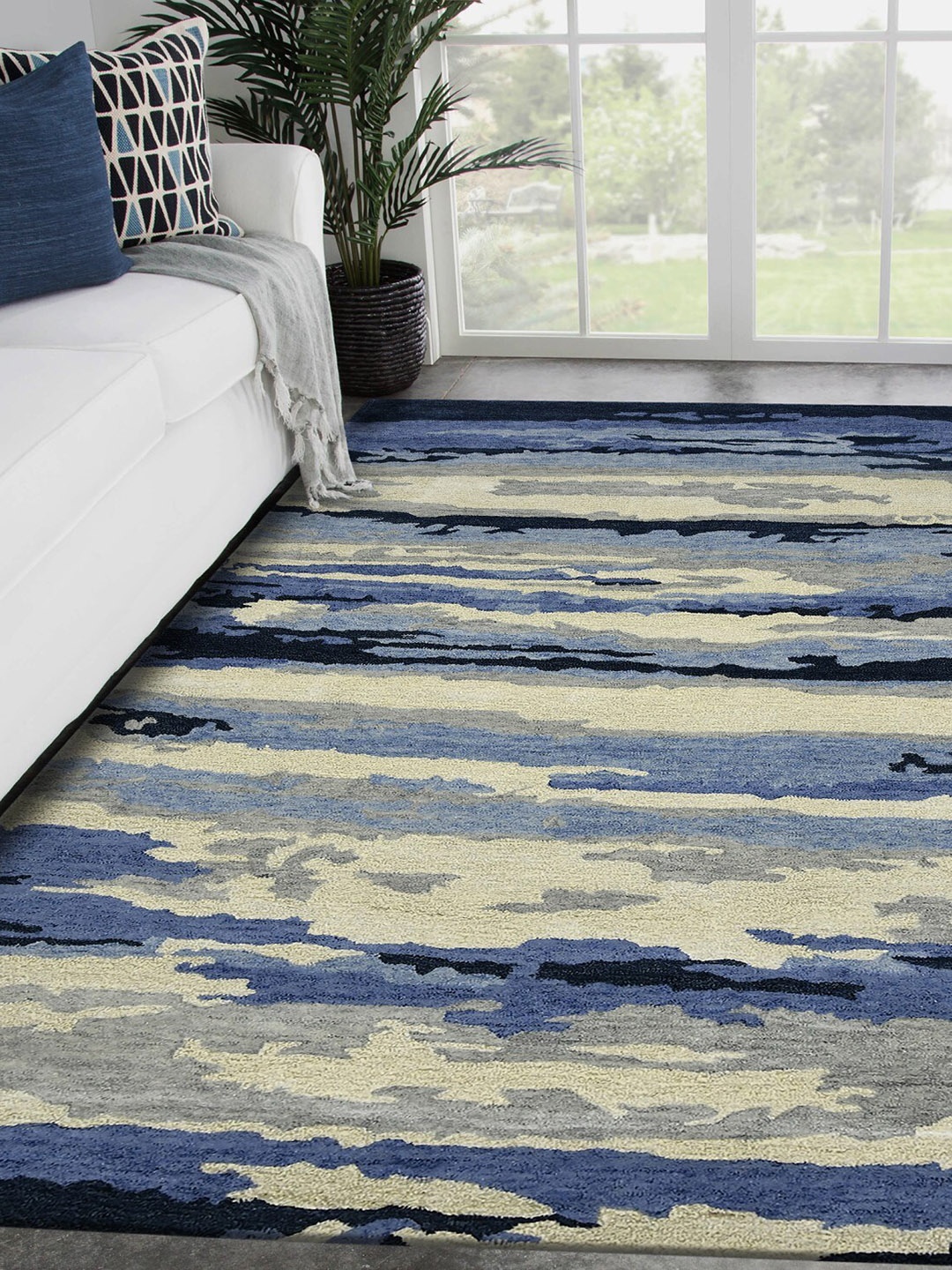 

saraswatii global Navy Blue & Beige Abstract Hand-Tufted Woolen Carpets
