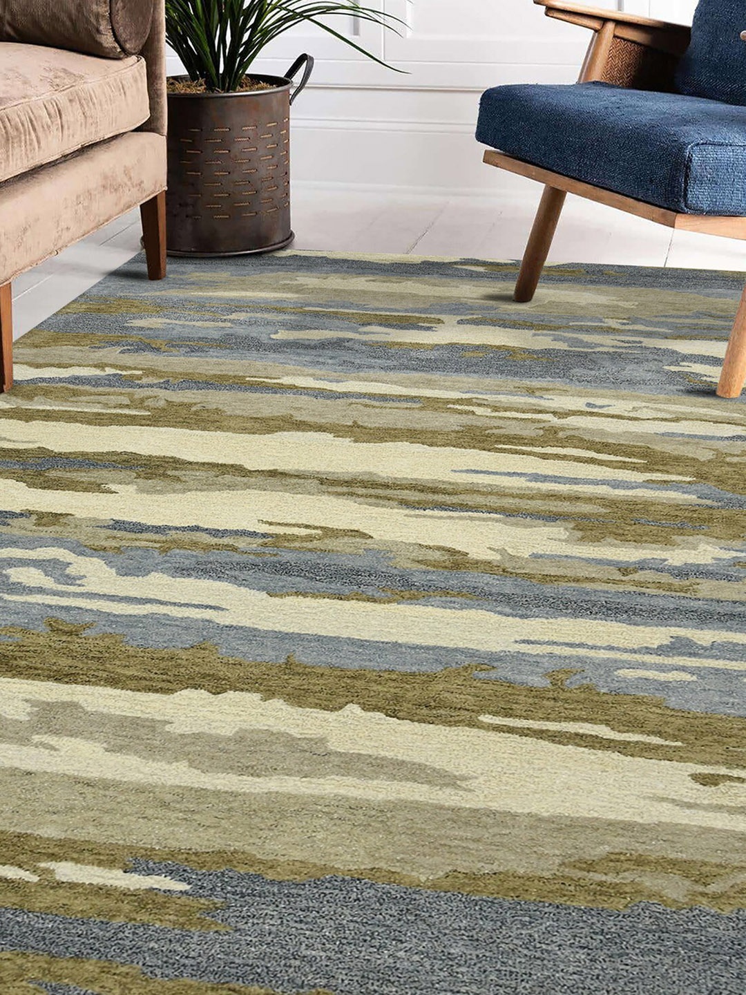 

saraswatii global Blue & Beige Abstract Printed Hand Tufted Rectangular Carpet