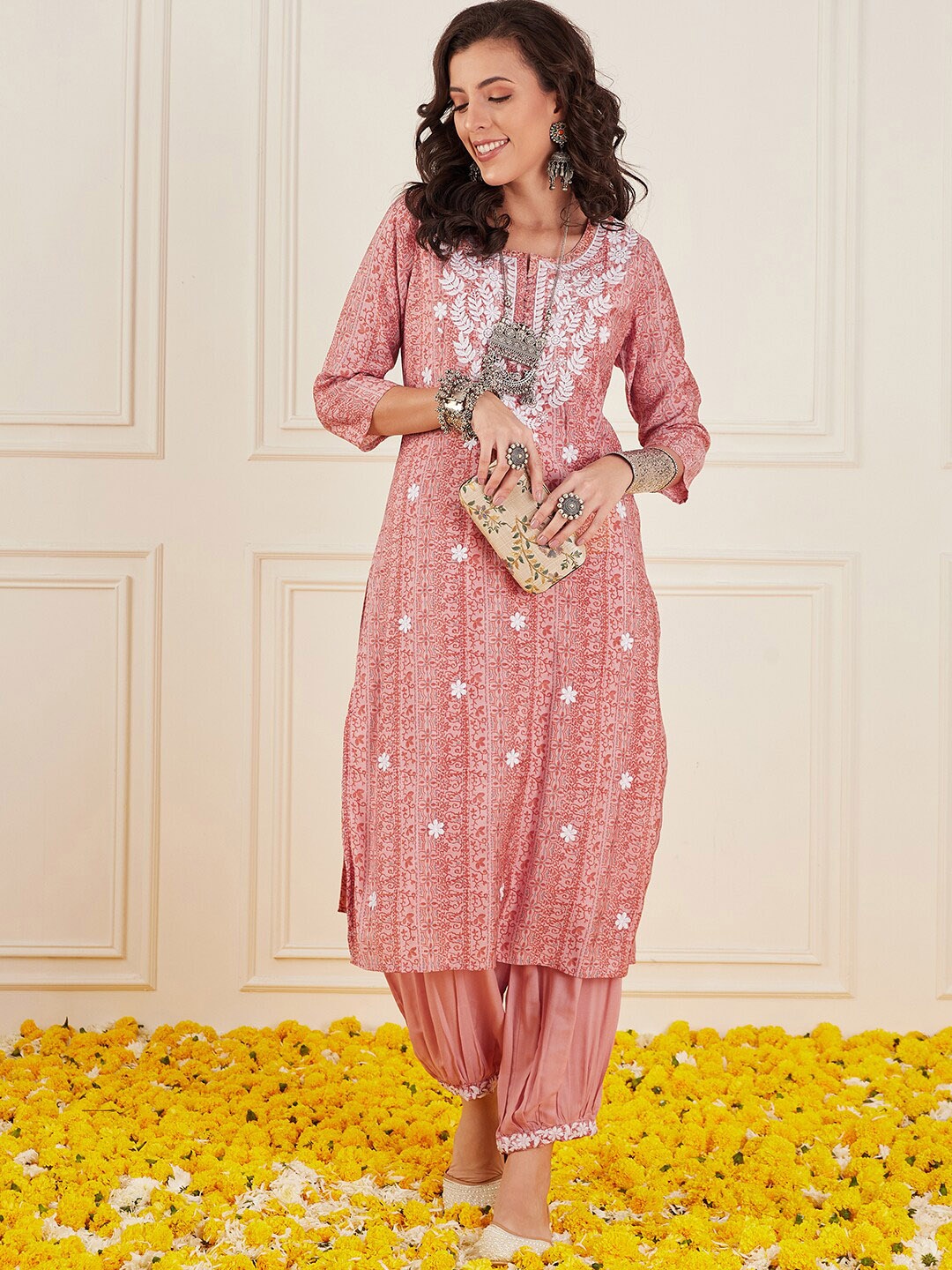 

Anouk Ethnic Motifs Embroidered Round Neck Chanderi Silk Straight Kurta with Salwar, Pink