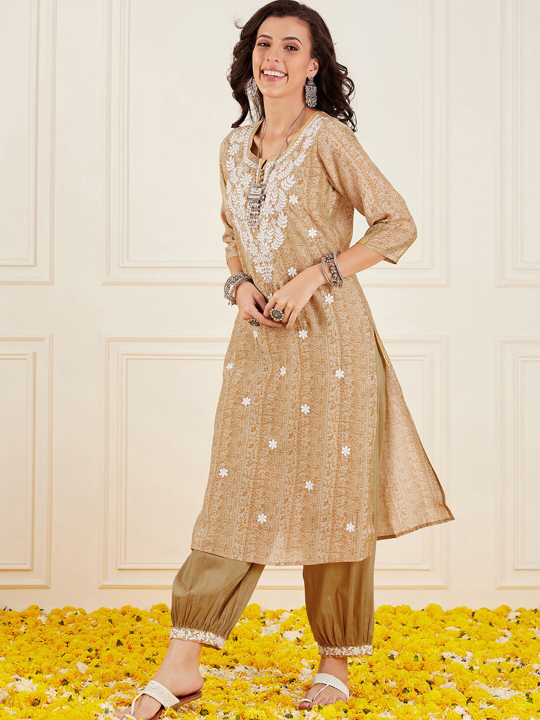 

Anouk Ethnic Motifs Embroidered Straight Thread Work Chanderi Silk Kurta with Trousers, Beige